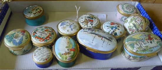 Collection of Halcyon Days & other enamelled boxes & a gilt metal agate-mounted box